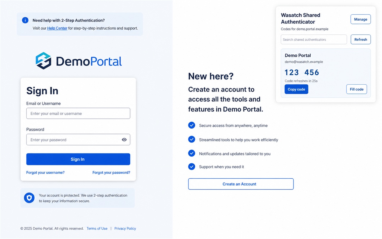 Example of the Wasatch Shared Authenticator employee popup with fictional demo data.