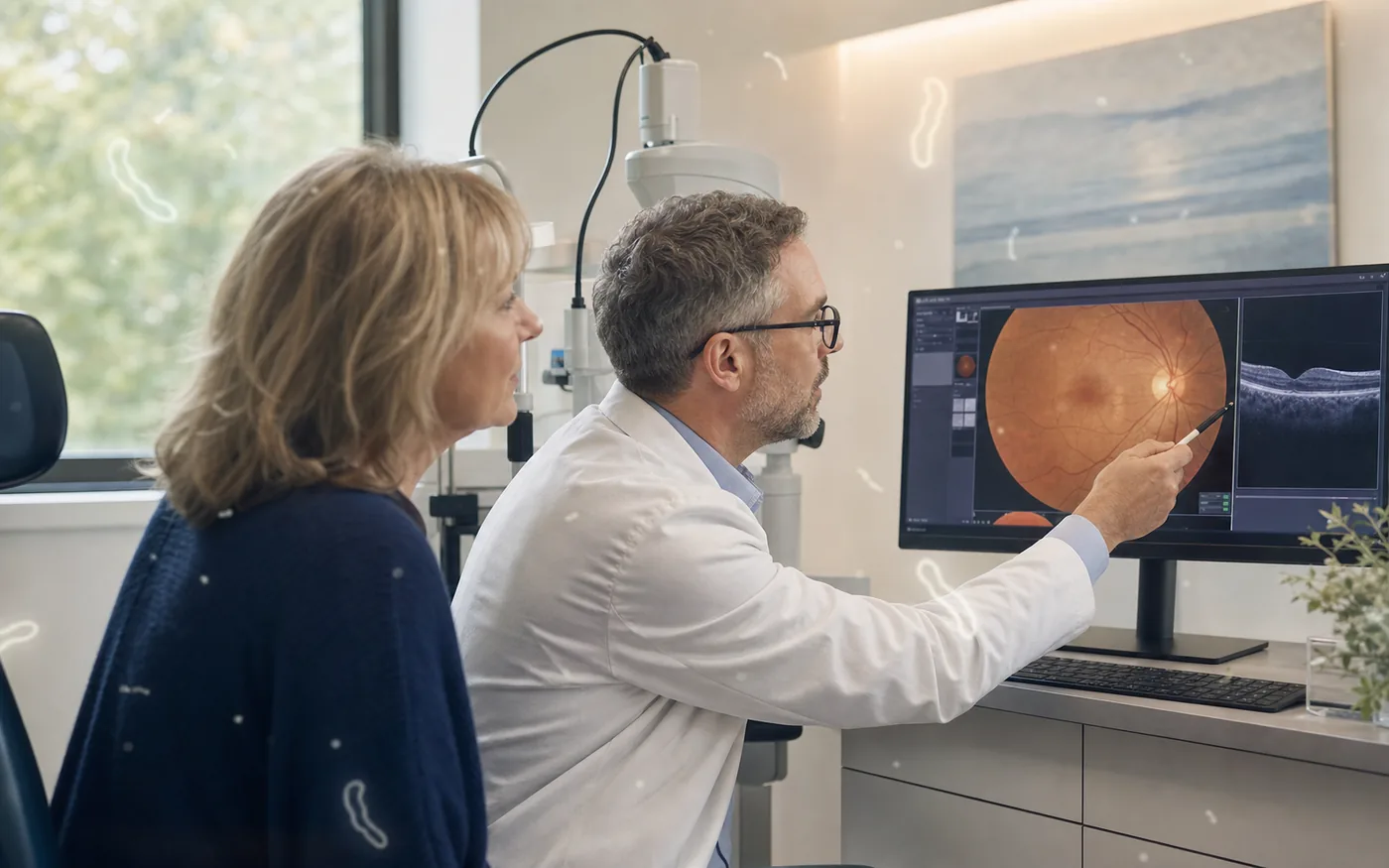 Eye doctor reviewing retinal imaging with a patient for floaters and flashes in Syracuse, Utah