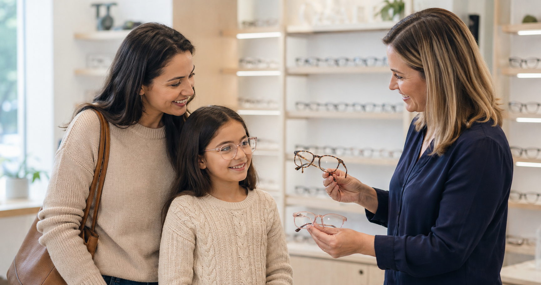 Optician helping a family choose the right lenses and frames at Lakeview Eye Care